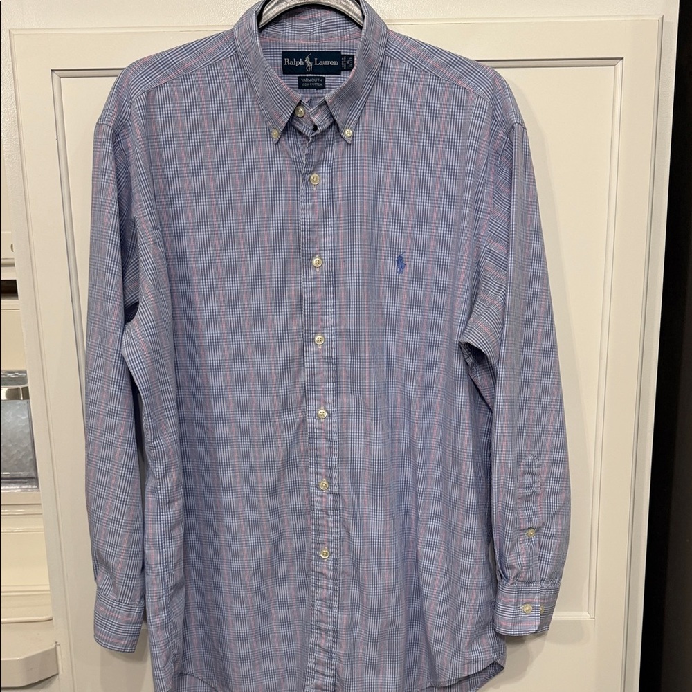 Vintage Ralph Lauren Yarmouth Men's Blue and Pink Plaid Shirt | Size 16 32/33